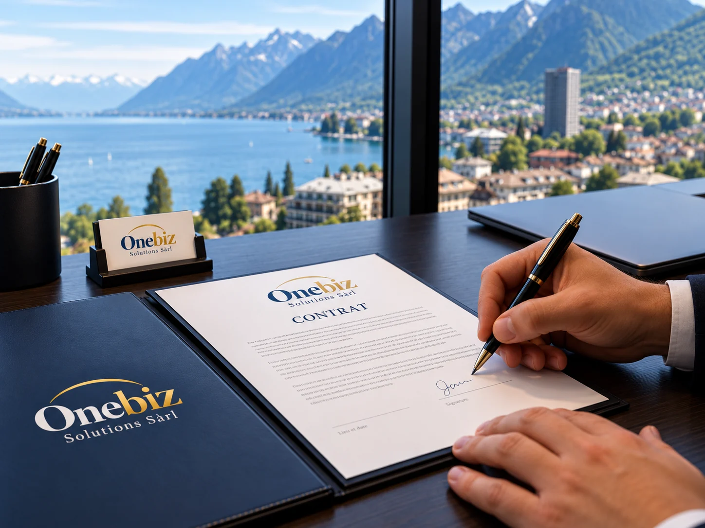 Firma di un mandato Onebiz Solutions con vista sul Lemano